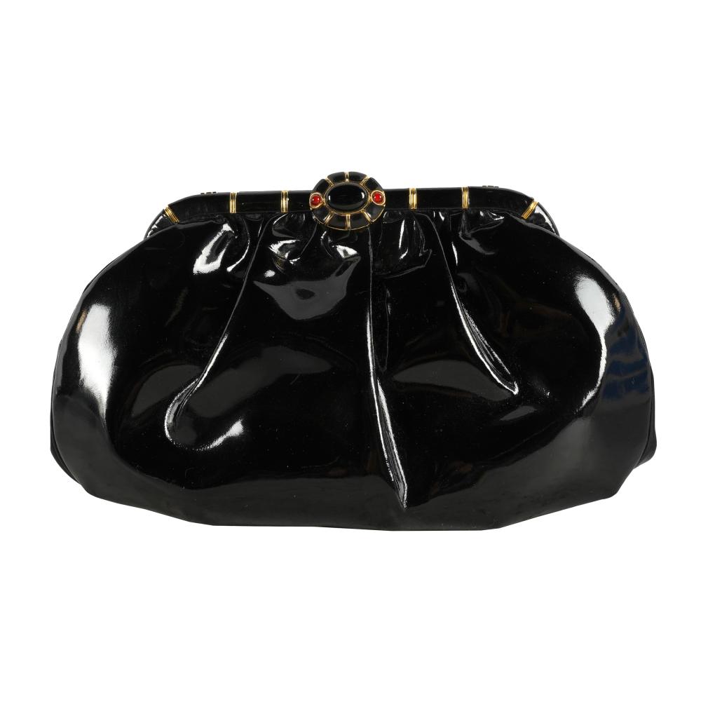 Appraisal: JUDITH LEIBER BLACK PATENT LEATHER EVENING BAGgold-tone hardware cabochon-inset clasp