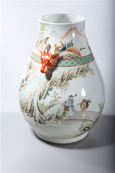 Appraisal: Chinese enameled and painted porcelain deer handled zun vase depicting