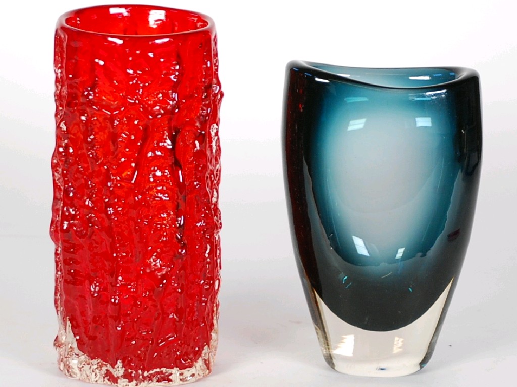 Appraisal: WHITEFRIARS BARK TEXTURED RUBY GLASS VASE designed by Geoffrey Baxter