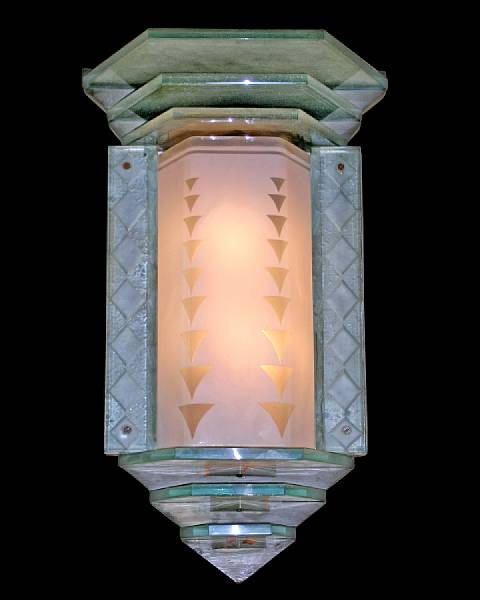 Appraisal: A French Art Deco frosted glass and wood applique circa