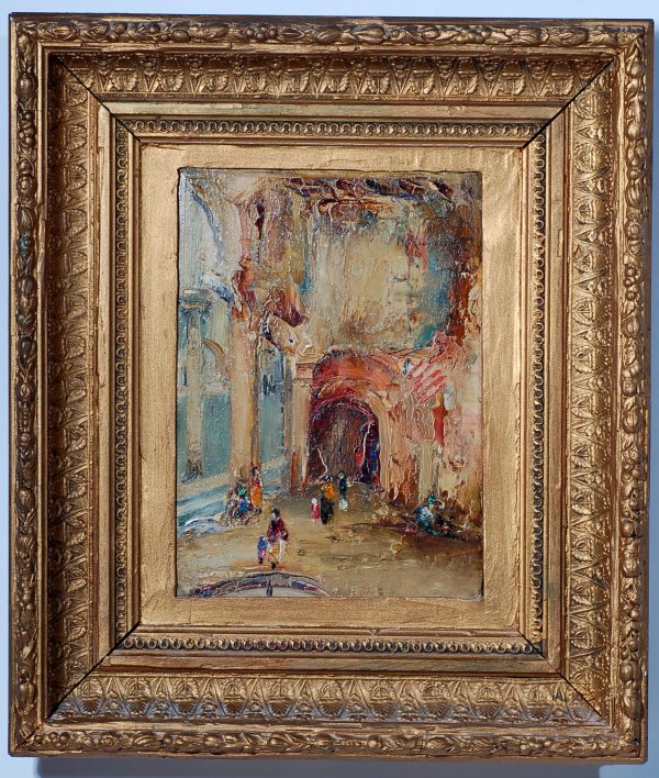 Appraisal: Impressionistic interior scene of figures in large room oil on