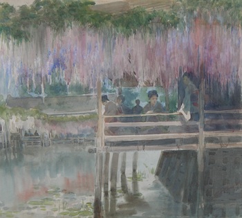 Appraisal: Yamada Baske Japanese - Balcony with Figures and Wisteria ca