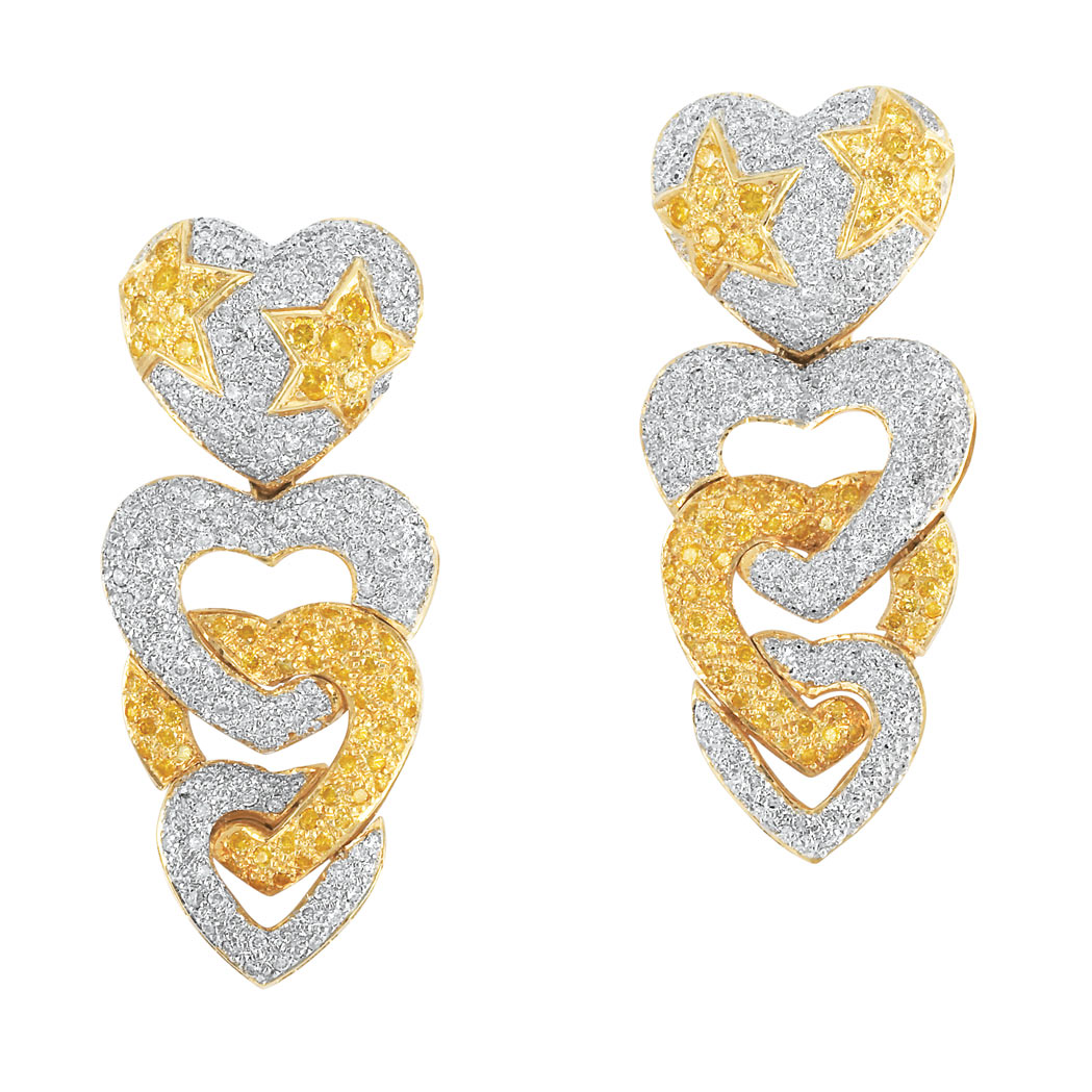 Appraisal: Pair of Two-Color Gold Diamond and Yellow Diamond Pendant-Earclips kt