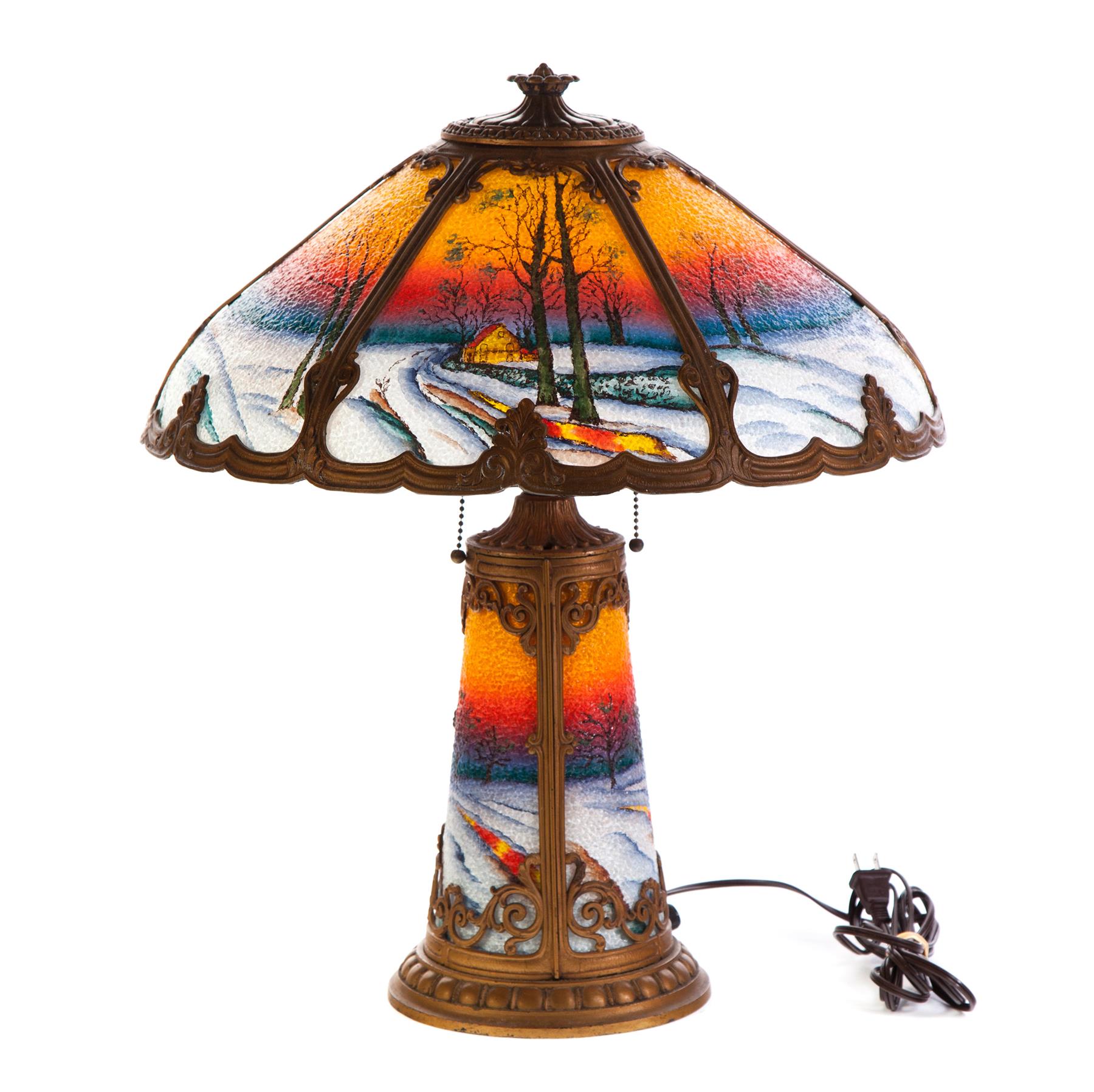 Appraisal: REVERSE PAINTED TABLE LAMP American st quarter- th century Winter