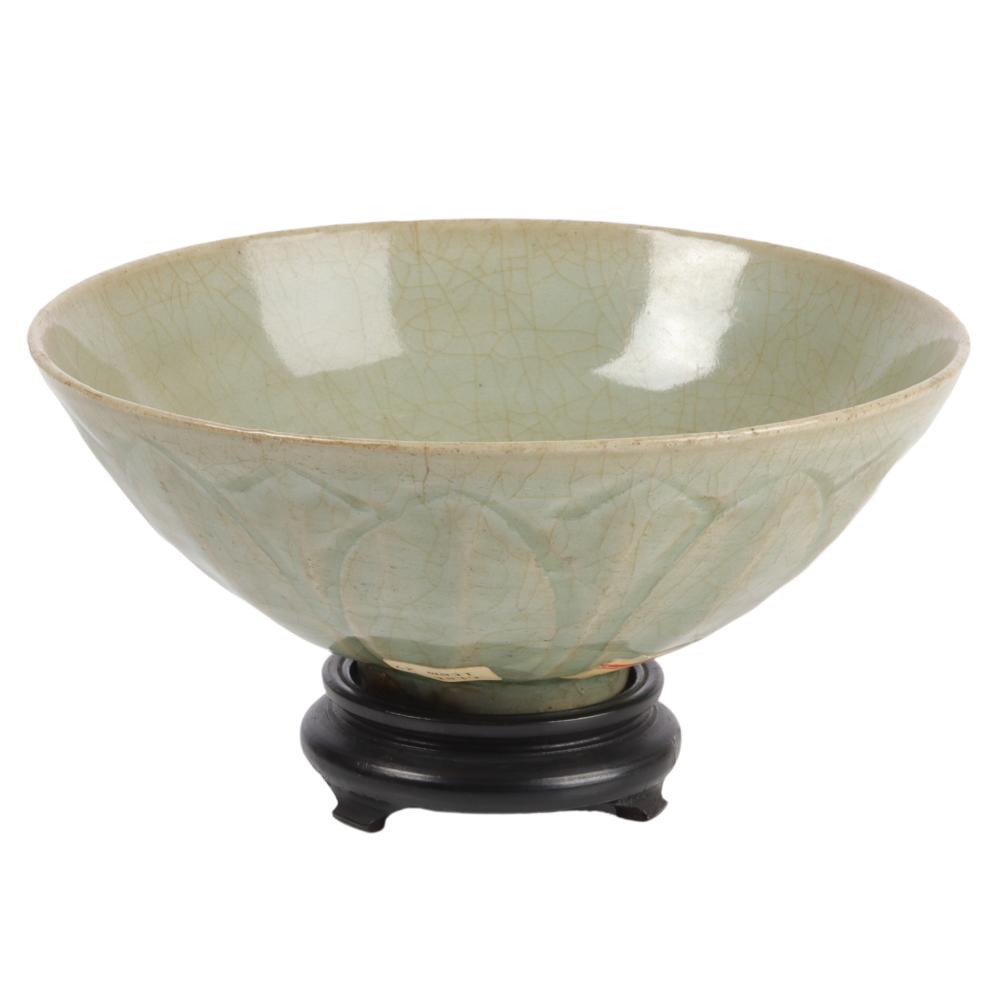 Appraisal: CHINESE LONGQUAN CELADON STONEWARE BOWL WITH CARVED LOTUS BLOSSOM PERIOD