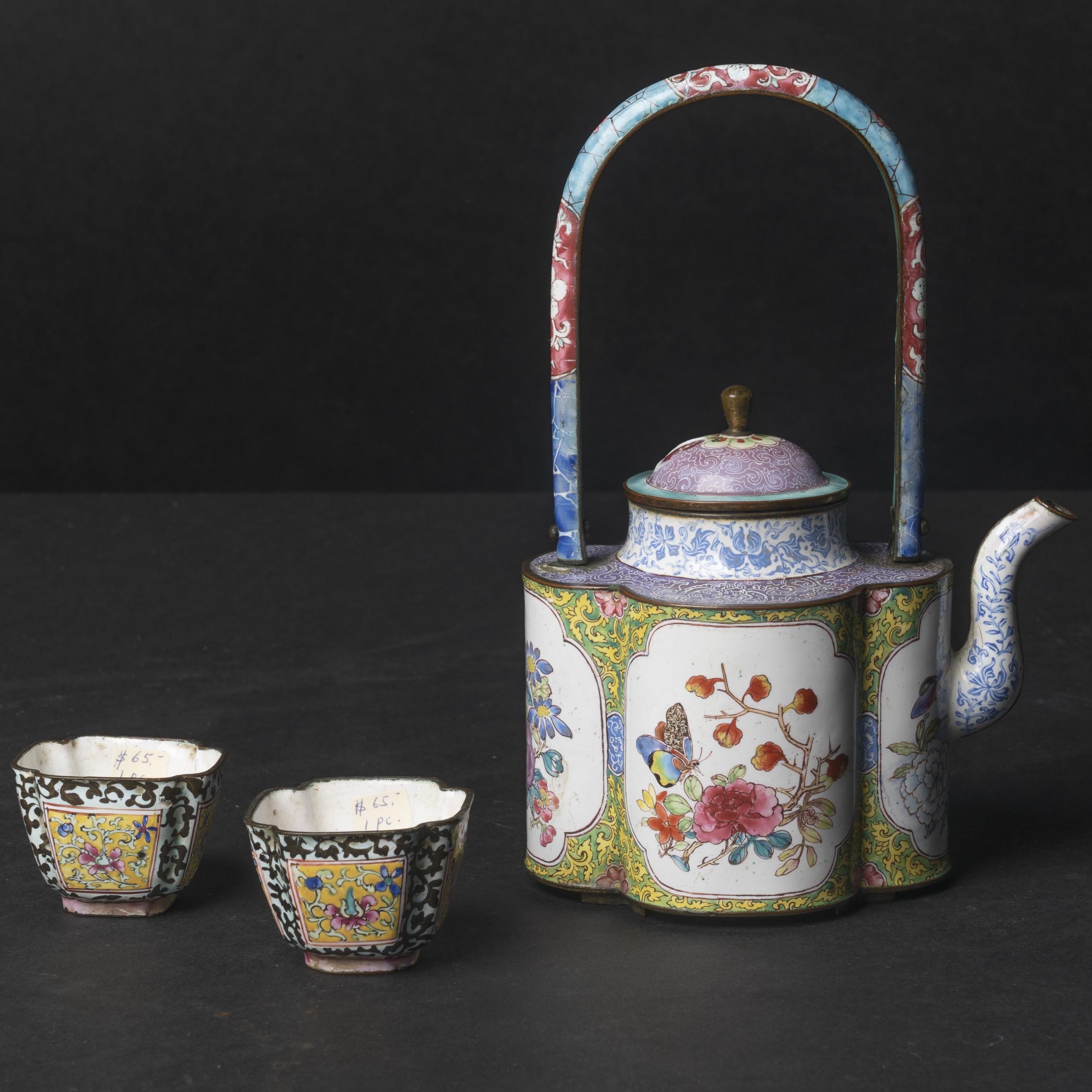 Appraisal: A Set of Two Canton Enamel Cups and Teapot th