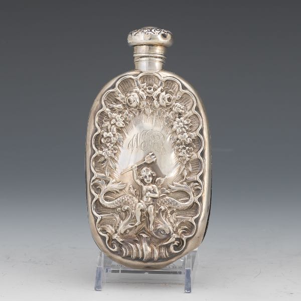 Appraisal: ART NOUVEAU STERLING SILVER FLASK YOUNG TRITON RIDING TWO DOLPHINS