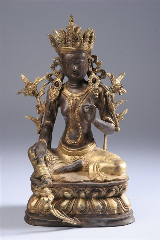 Appraisal: SINO-TIBETAN GILT AND PATINATED BRONZE FIGURE OF BODHISATTVA th century