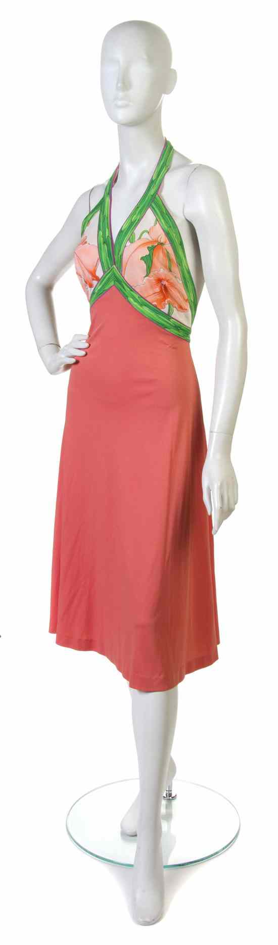 Appraisal: A Leonard Coral Halter Dress with a floral detail at