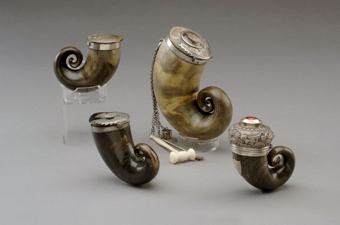 Appraisal: FOUR SCOTTISH HORN MULLS Each with silver mounts and three