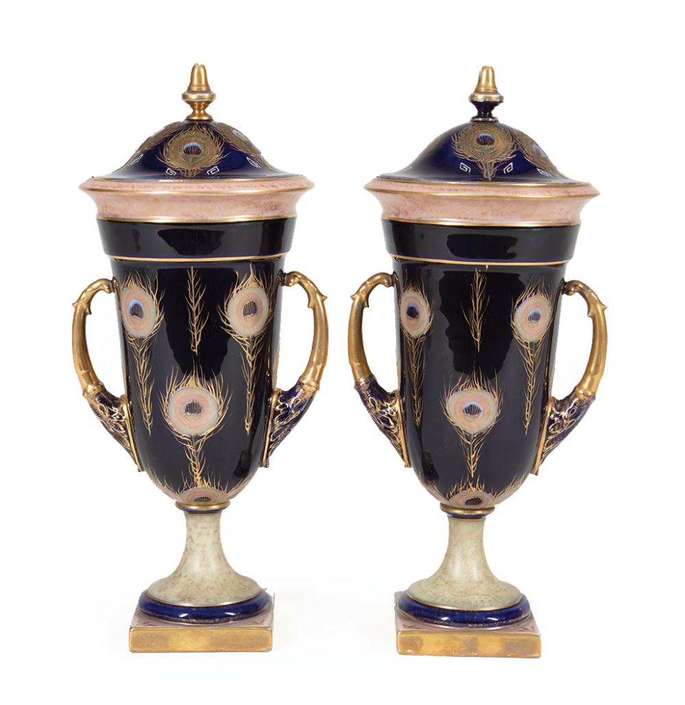 Appraisal: Pair of German Gilt and Cobalt Porcelain Covered Urns th