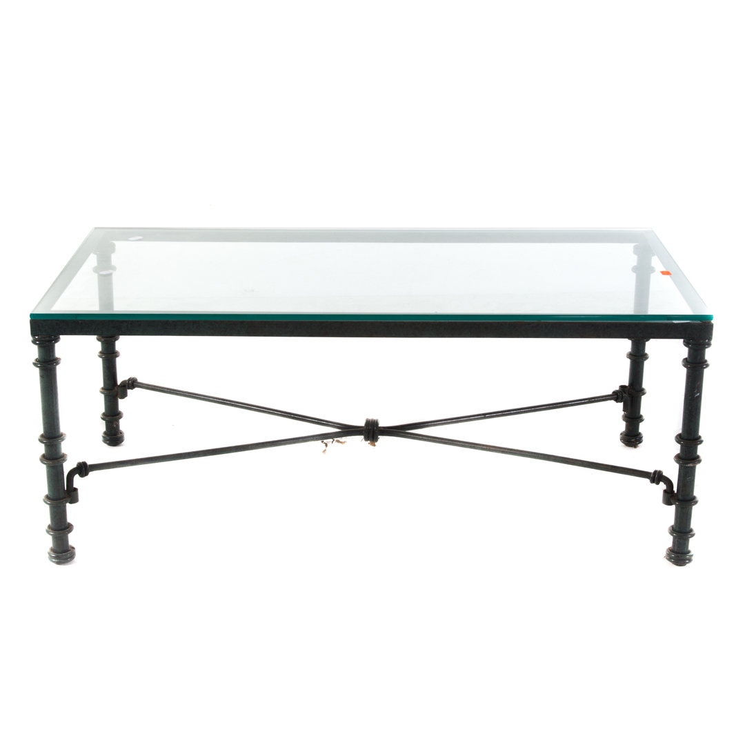 Appraisal: Contemporary enameled metal glass-top coffee table in H in L