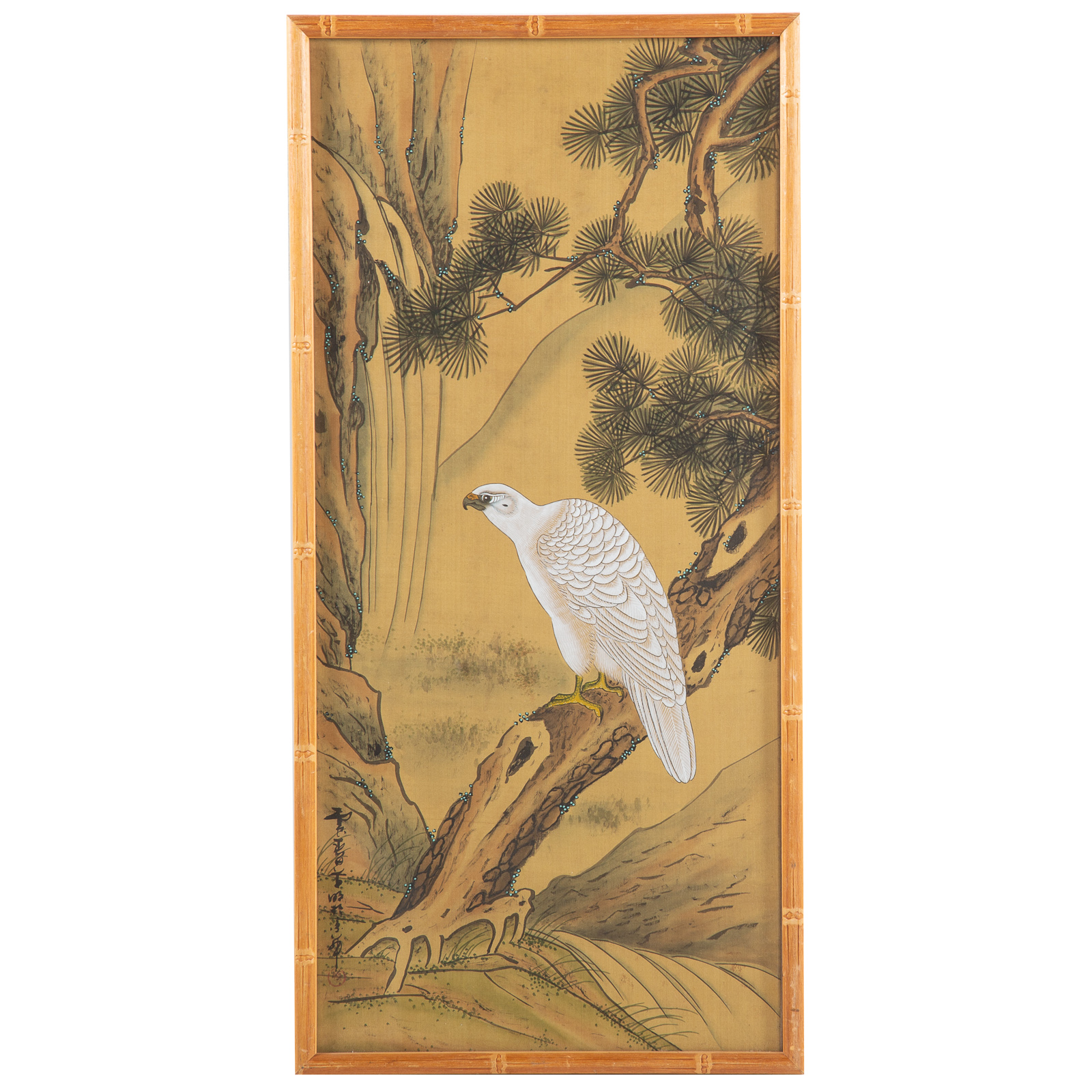 Appraisal: JAPANESE PAINTED SILK SCROLL OF HAWK th century pigment on