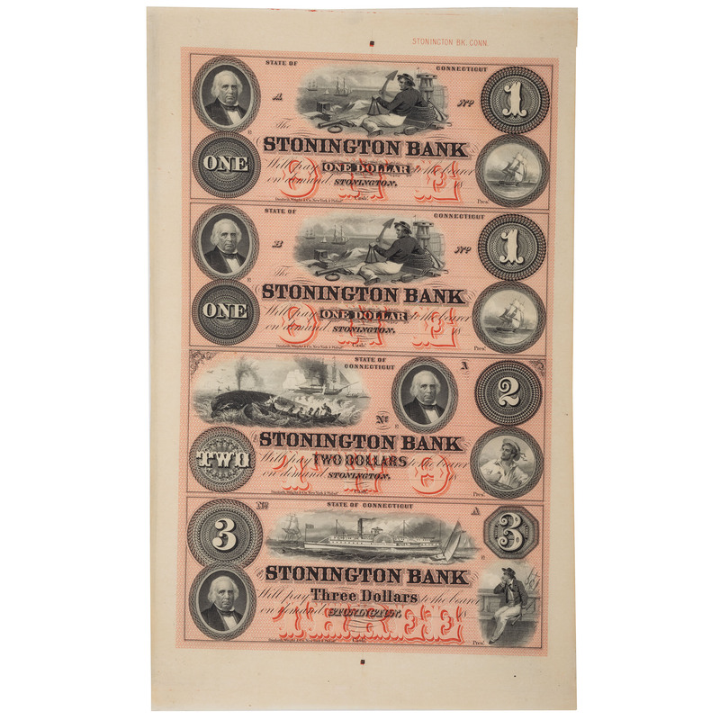 Appraisal: CURRENCY Uncut sheet of Stonington Bank Notes featuring maritime scenes