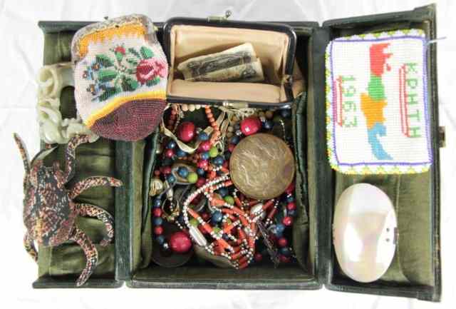 Appraisal: Two beadwork purses and sundry jewellery etc in a leather