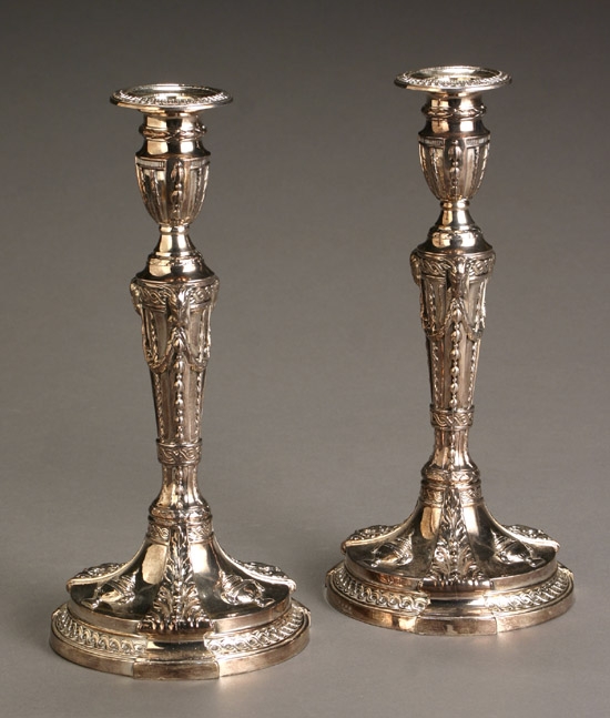 Appraisal: Pair of English Neoclassical Style Silver Plate Candlesticks Maker's Mark