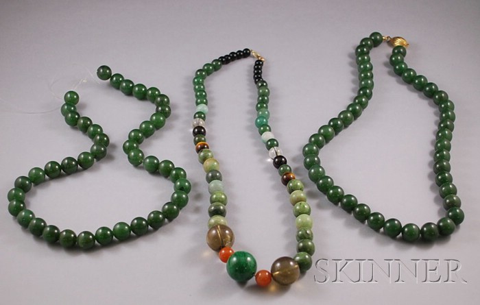 Appraisal: Three Green Stone and Jade Necklaces one without clasp