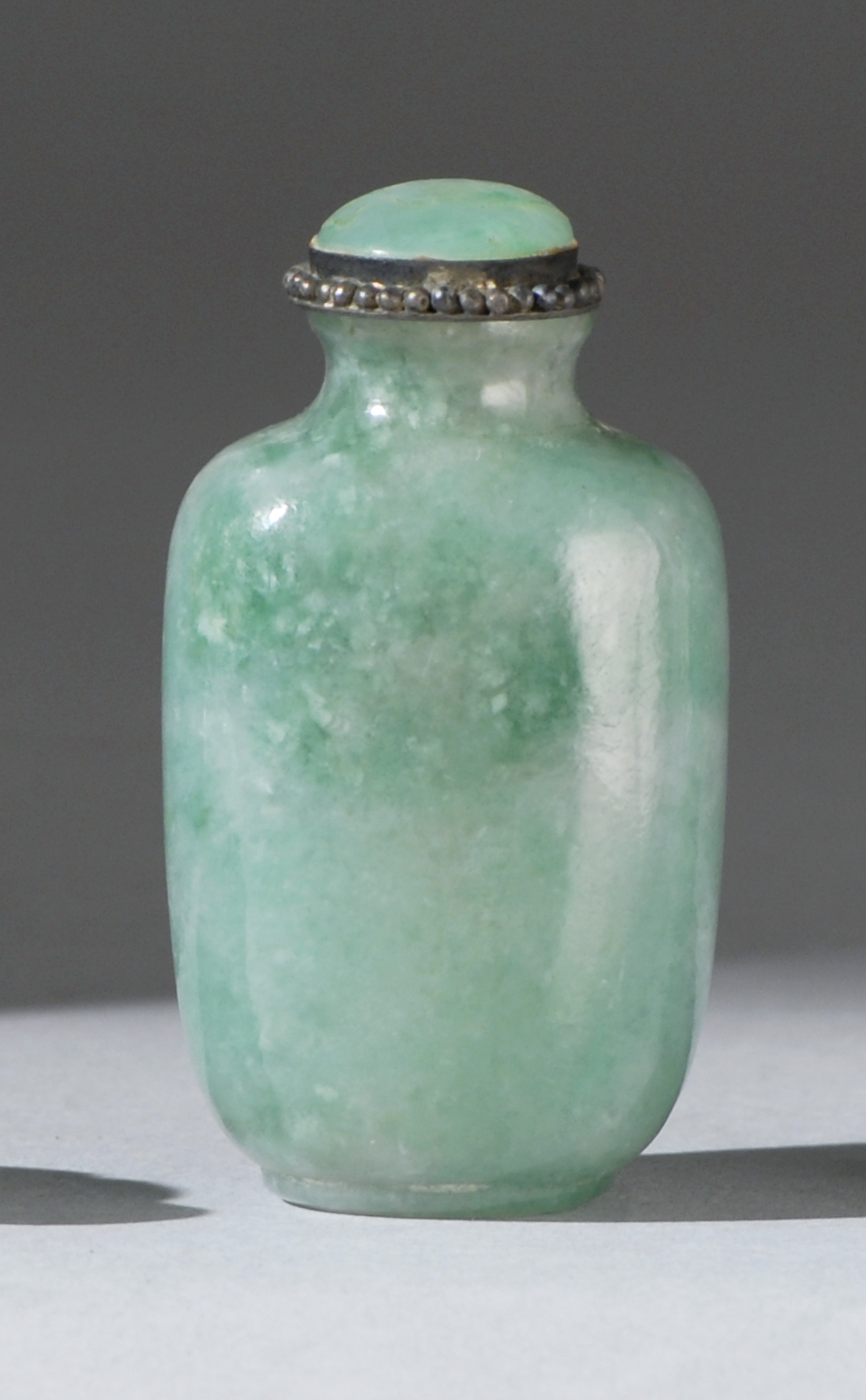 Appraisal: JADEITE SNUFF BOTTLE In elongated ovoid form Height cm Jadeite