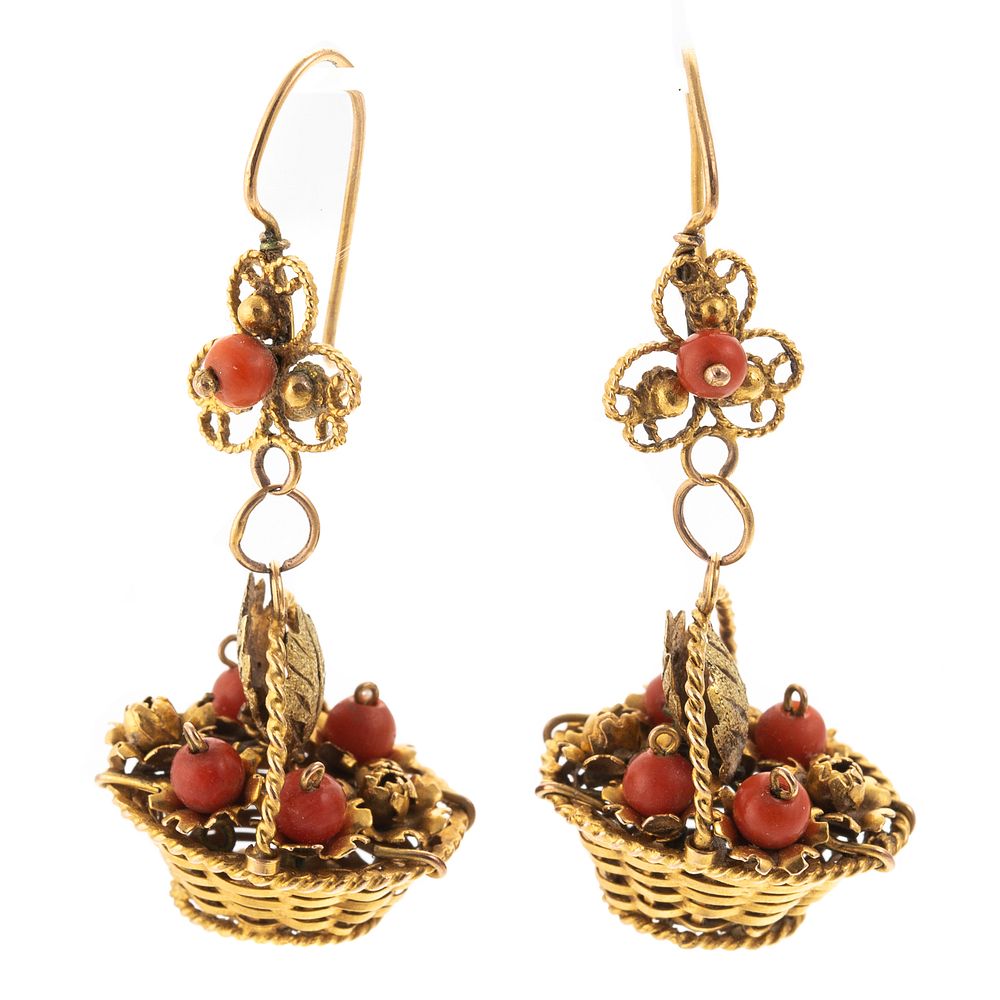 Appraisal: A Pair of K Coral Flower Basket Dangle Earrings K