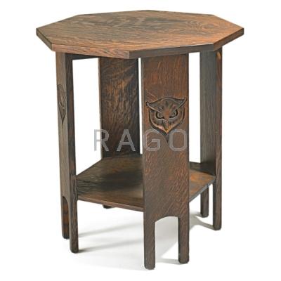 Appraisal: STICKLEY BROTHERS Rare lamp table carved with owls Grand Rapids