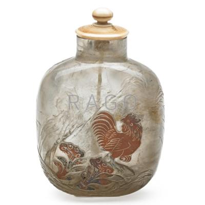 Appraisal: CHINESE ROCK CRYSTAL SNUFF BOTTLE Rooster and floral displays in