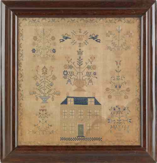 Appraisal: Silk on linen sampler dated with a brick manor house