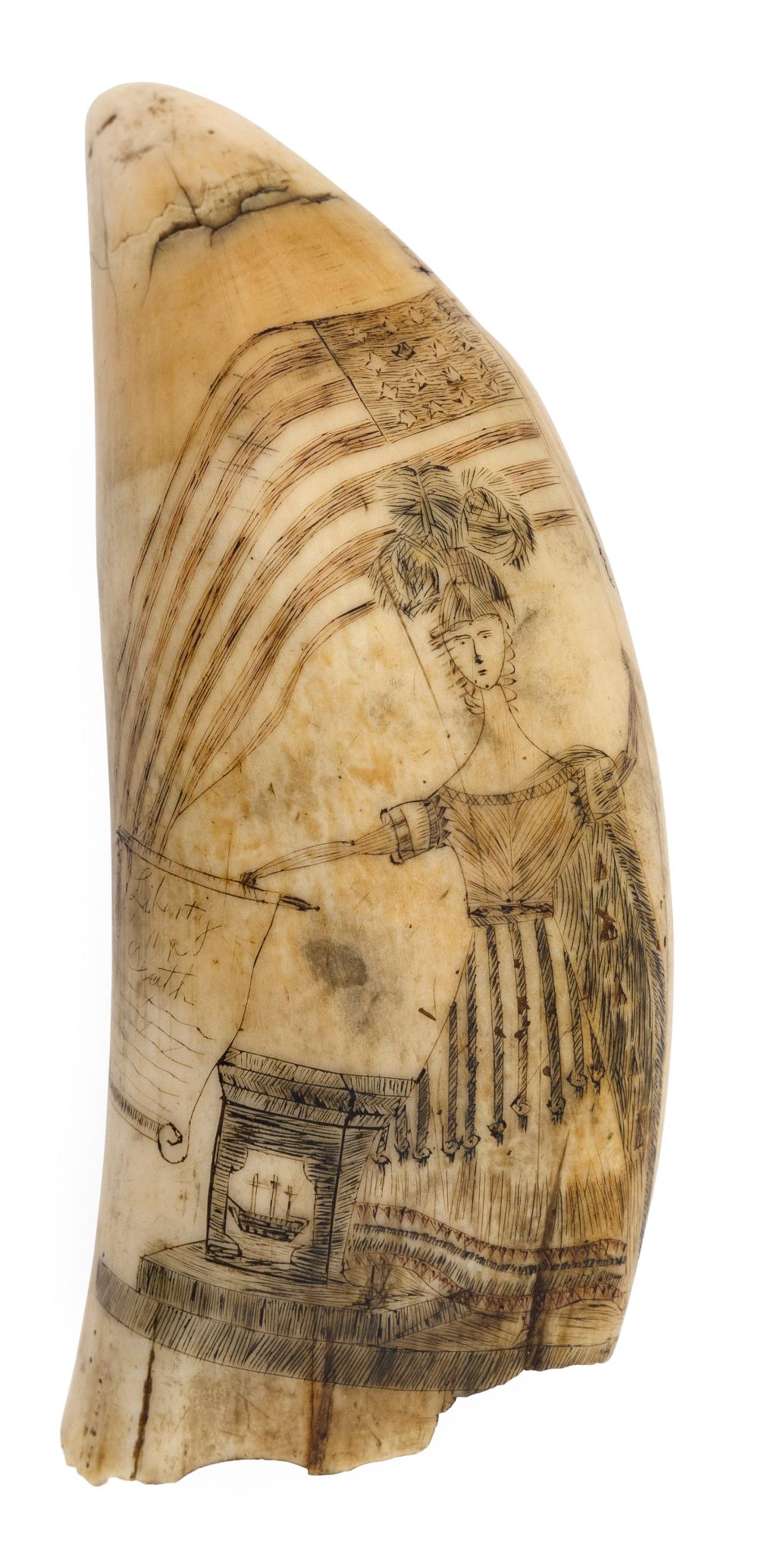 Appraisal: POLYCHROME SCRIMSHAW WHALE'S TOOTH DEPICTING LADY LIBERTY CIRCA S LENGTH