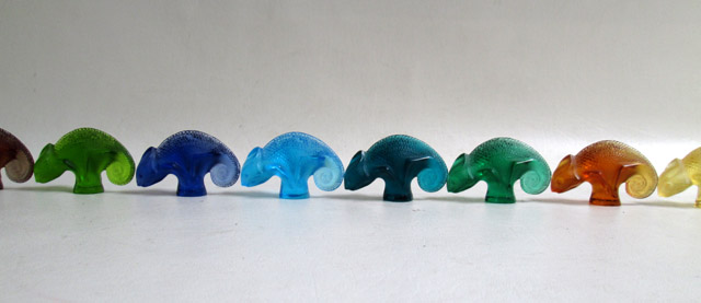 Appraisal: TEN LALIQUE COLORED CRYSTAL CHAMELEON FIGURES in various shades of