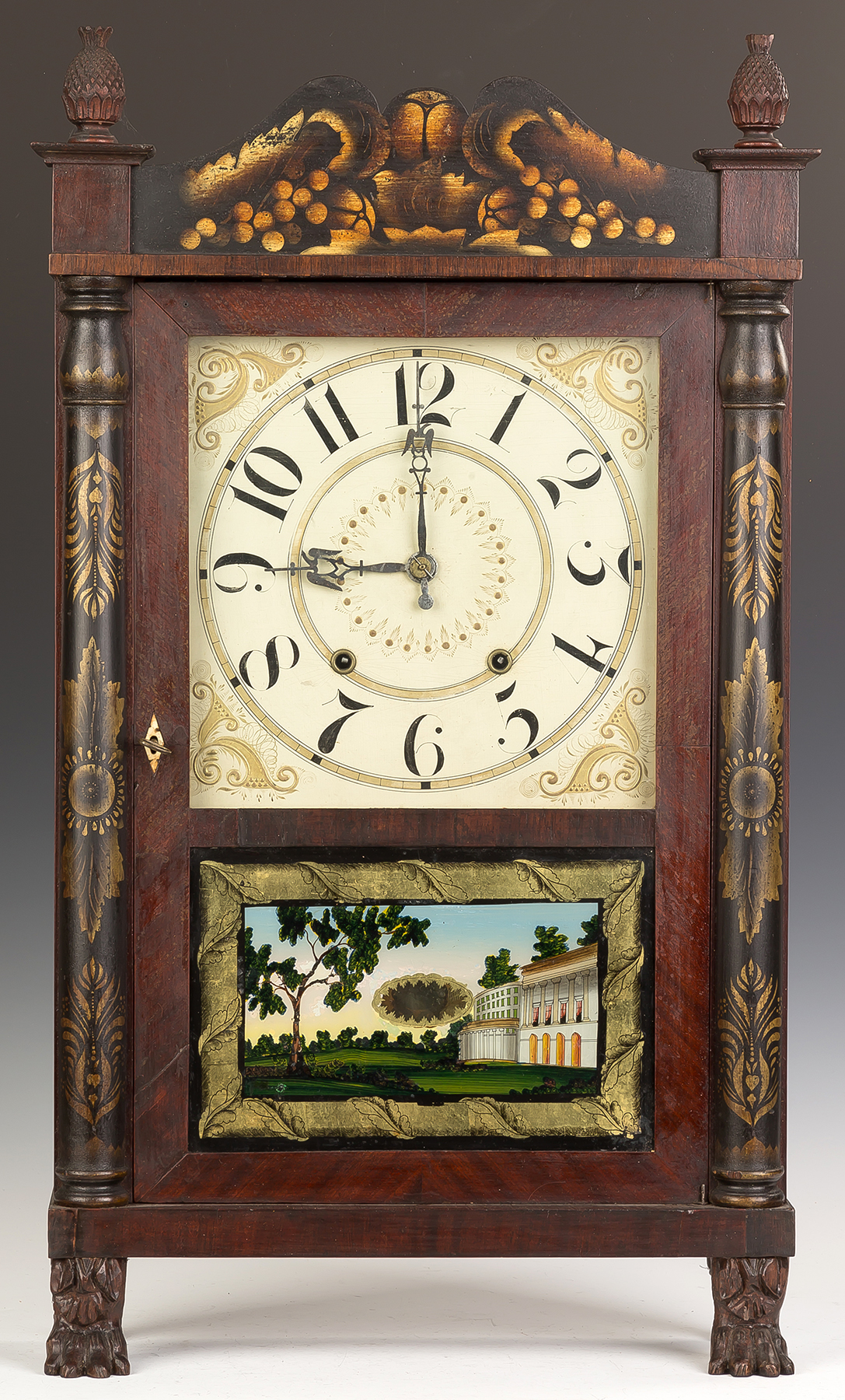 Appraisal: George Mitchell Shelf Clock Mahogany case with stenciled columns and