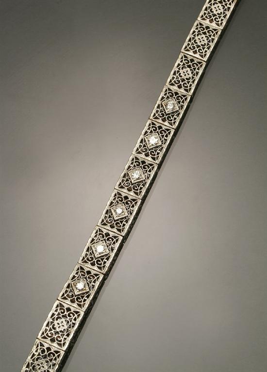 Appraisal: Art Deco Tested -Karat Filigree White-Gold and Diamond Bracelet Circa