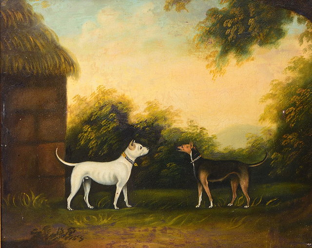 Appraisal: TH CENTURY ENGLISH SCHOOLTwo dogs in a landscape oils on