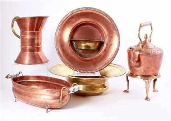 Appraisal: Collection of copper and brass tablewares pitcher H '' oval