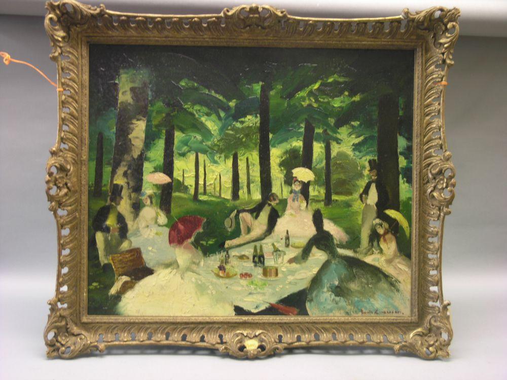 Appraisal: An oil on canvas picnicers within woodland signed Doris Zinkeisen