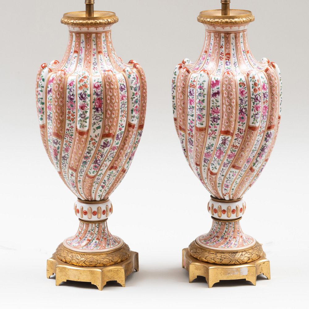 Appraisal: Pair of Continental Gilt-Metal-Mounted Porcelain Baluster Shaped Lamps Possibly Samson