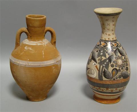 Appraisal: GROUP OF TWO POTTERY VASES AND BRASS PIECES One vase