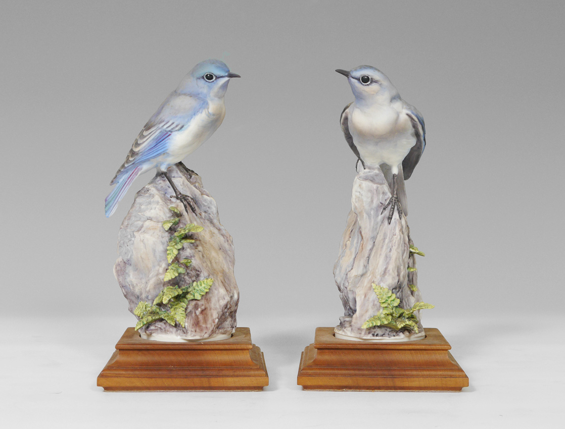 Appraisal: PAIR ROYAL WORCESTER DOROTHY DOUGHTY MOUNTAIN BLUEBIRDS With Spleenwort Niger