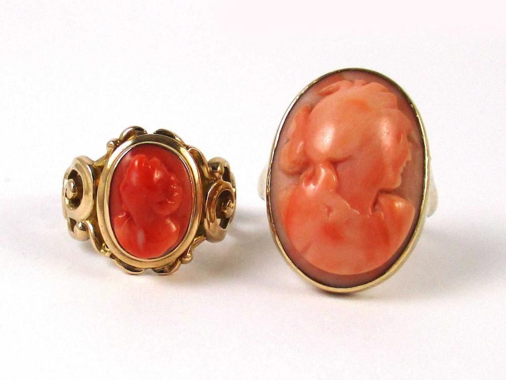 Appraisal: TWO PINK CORAL CAMEO AND YELLOW GOLD RINGS including a