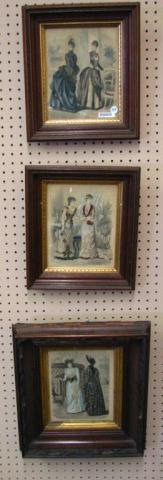 Appraisal: Three Antique French Fashion Prints in Victorian Walnut Frames