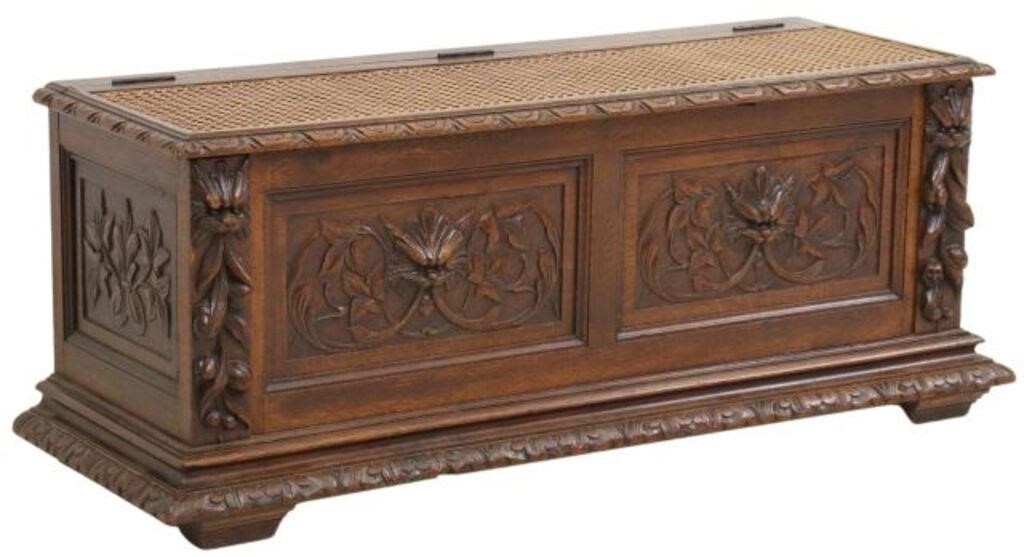 Appraisal: French Renaissance Revival carved oak coffer late th c having