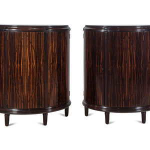 Appraisal: A Pair of Dessin Fournir Walnut and Banded Rosewood Demilune