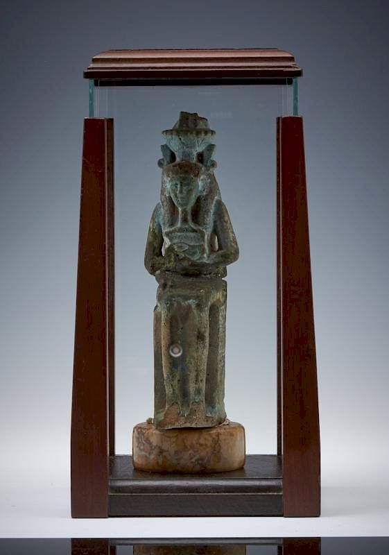 Appraisal: Cased blue faience Egyptian Osiris seated figure Blue faience Egyptian