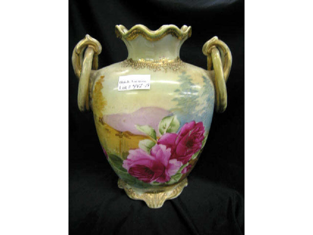 Appraisal: Nippon Handpainted Porcelain Vase floral landscape gold trim