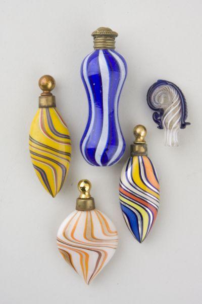 Appraisal: Five Venetian Glass Scent Bottles th c the first cobalt