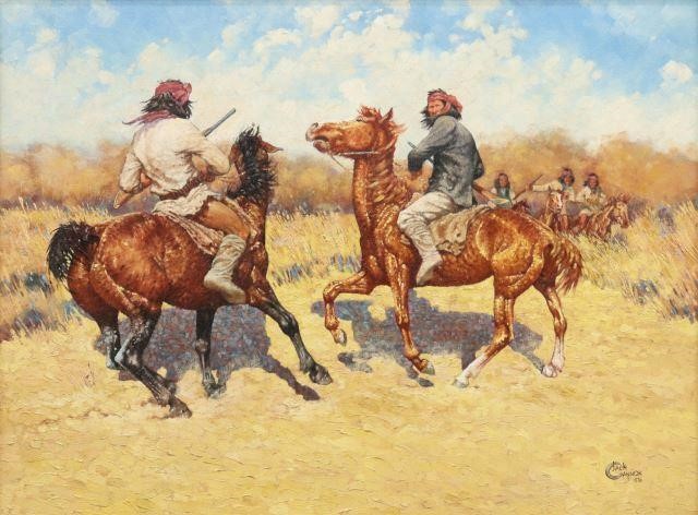 Appraisal: Framed oil on canvas painting Indian Braves on Horseback signed