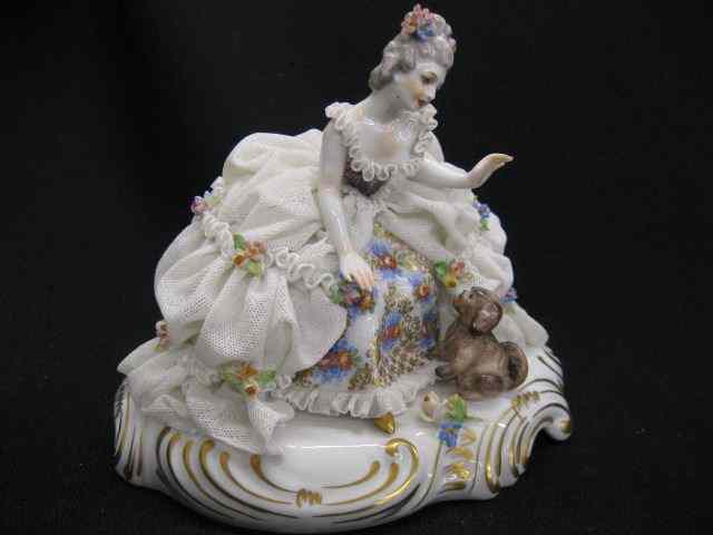 Appraisal: Italian Porcelain Lace Figurine seated lady with dog Dresden style