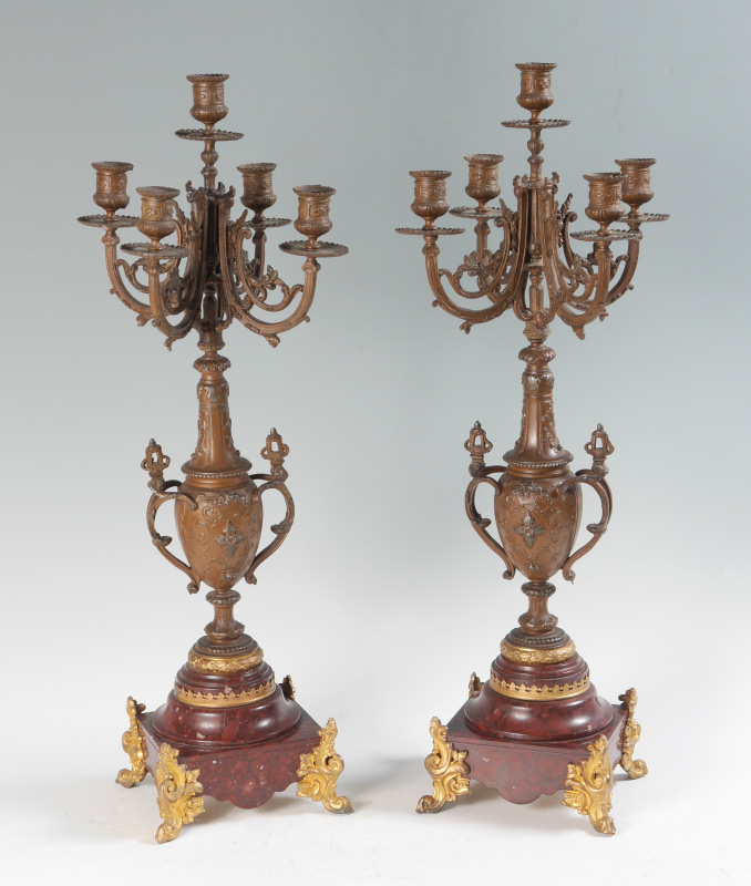 Appraisal: FRENCH METAL BRONZE CANDELABRA SET Most likely a garniture set