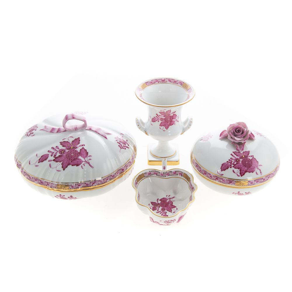 Appraisal: Herend Porcelain Puce Chinese Bouquet Articles includes miniature urn powder