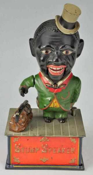 Appraisal: Cast Iron Stump Speaker Mechanical Bank Description Black face variation