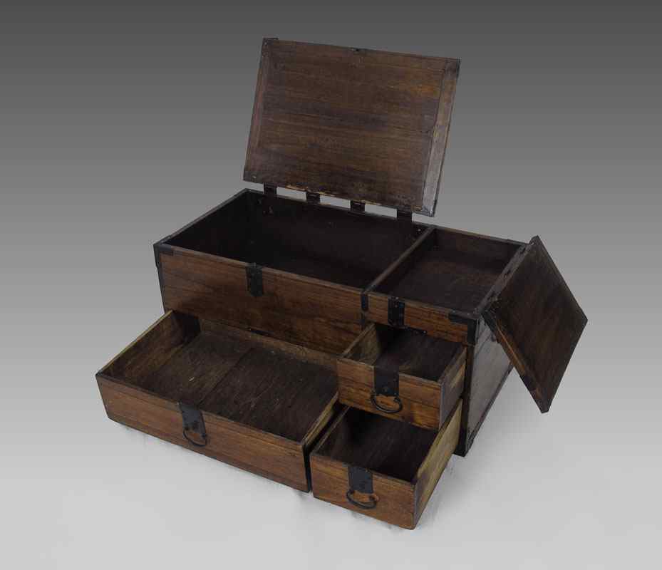 Appraisal: JAPANESE WOOD AND IRON CHEST Small chest with double hinged