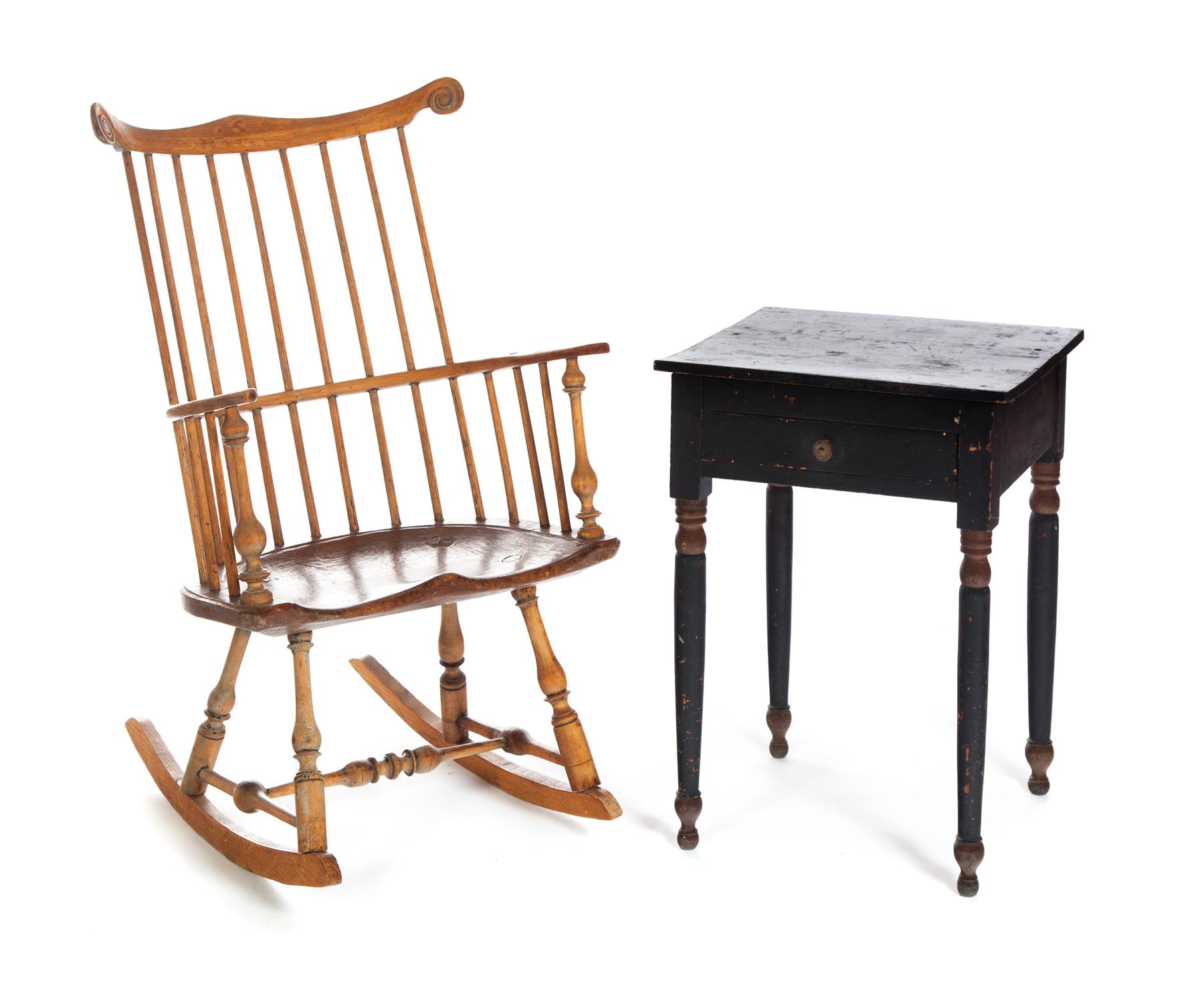 Appraisal: AMERICAN ROCKER AND STAND Nineteenth century Fanback Windsor armchair in